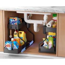 TOOCABEAR 2 Set of 2-Tier Bathroom Under Sink Organizers and Storage - L-Shaped Design with Sliding Storage Drawer, Pull Out Cabinet Storage Shelves Maximize Space for Kitchen and Bathroom Storage