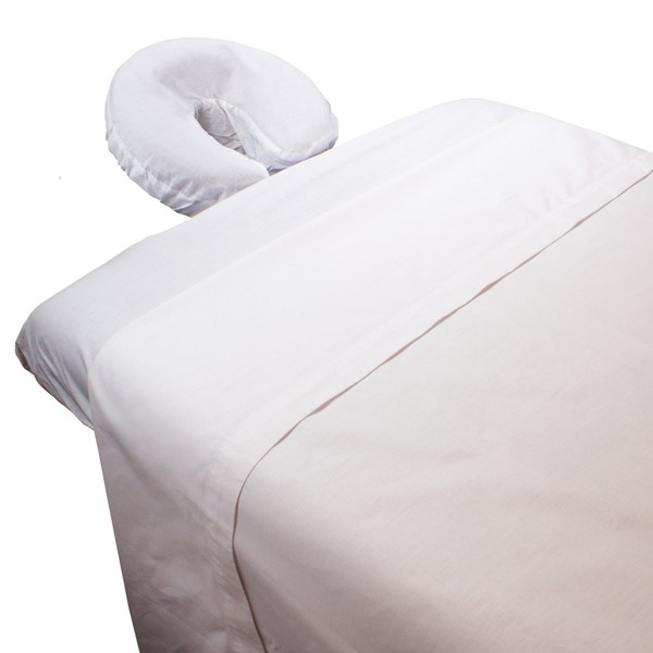 Body Linen - Juego de sábanas de polialgodón para mesa de masaje. - Juego de 3 piezas que incluye sábanas planas y planas y una cubierta de reposabrazos. Súper suave y duradero para uso profesional (blanco)