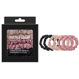 Market Fresh Beauty Mulberry Silk Skinny Hair Scrunchies, 6 Pack - Silk Hair Ties for All Hair Types, Prevents Hair Breakage & Crease-Free Hold - Elegant Beige, Blush Pink, Black