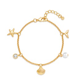 LILIE&WHITE Gold Ocean Charm Bracelet for Women - Adjustable Starfish, Seashell, Whale Tail, Pearl & Crystal Accents - Hypoallergenic & Fade-Resistant - Ideal Beach-Themed Jewelry Gift