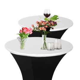 LOVWY 2 Pack 24 Inch White Spandex Cocktail Table Topper Fitted Round Tablecloth Topper Cap Table Cover for Party Wedding Bar Elastic Stretch