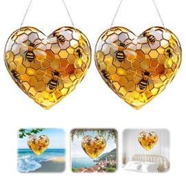 2Pcs Honeycomb Heart Suncatcher,Bee Window Hanging Decoration,Stained Glass Effect Acrylic Ornament,Garden Bee Lover Gift,Sun Catchers for Windows Beehive Home Indoor Outdoor Garden Decor