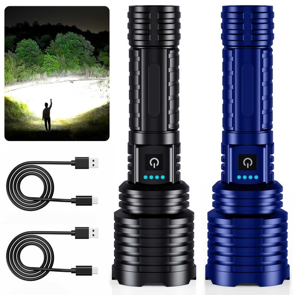 Rechargeable LED Flashlight 2 Pack - 3000 Lumens, USB-C, IPX6 Waterproof, 5000mAh, Adjustable Beam