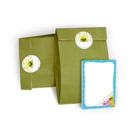 JuNa-Experts Notepads + Gift Bags / Green + Stickers Funny Monster Party Bag Guest Gift for Birthday Children's Birthday Wedding Christening Girls