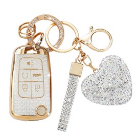 Simocky Fit for GMC Buick Key Fob Cover with Diamond Keychain, Compatible with Chevy Cruze Camaro Malibu Equinox Impala Buick Encore Regal GMC Flip Folding Key for Women (5 Buttons—Silver Heart),
