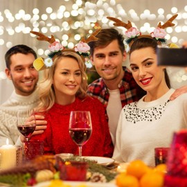 NebulaGlam Christmas Antlers Headband, Reindeer Antlers Headband + Deer Face Tattoo, Headbands with Bells for Christmas Parties, Christmas Hair Accessories for Children Adults Fancy Dress Theme Party