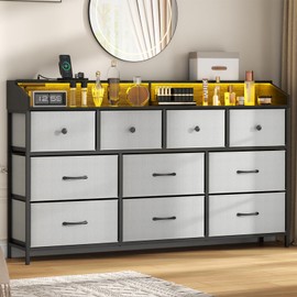 Dresser for Bedroom with 10 Fabric Drawers & LED Lights & Power Outlets, Dressers & Chests of Drawers, Dressers with 2-Tier Storage Shelves, 55" TV Stand with Sturdy Frame & Wood Top (Light Gray)