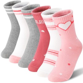 MOGGEI Kids Girls Socks Athletic Sport Basketball Soft Cotton Crew Outdoor White Pink Gift Socks 6 Pairs Stocking Stuffers(White Pink Heart,3-5T)