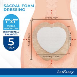 LotFancy Sacral Foam Dressing, 7"x 7", 5 Count, Silicone Foam Dressing for Wound Care, Sterile Wound Dressing with Border, Sacrum, Bed Sores, Pressure Ulcers Healing Bandage Pad, Highly Absorbent