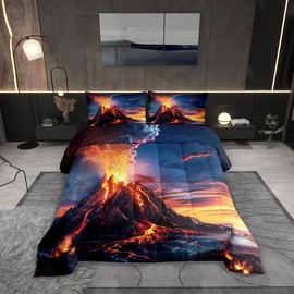 Manfei Volcano Queen Size Comforter Set 3 Pcs,Natural Disaster Volcano Eruption Flame Down Alternative Bedroom Decor,Watercolor Nature Sunset Sky Paint Ultra Soft Microfiber Inner Fill Comforter