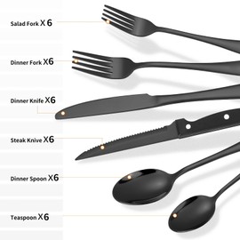24-Piece Black Silverware Set with Steak Knives Black Stainless Steel Flatware Set for 4 Food Grade Tableware Cutlery Set Rust-proof, Mirror Polished, Dishwasher Safe