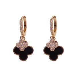 [KIKIMOLO] Women's Earrings, Popular, Hypoallergenic, Women's, Accessories, Birthday Gift, Anniversary, Silver 925 (Four Leaf Flower Earrings - Black), Cubic Zirconia