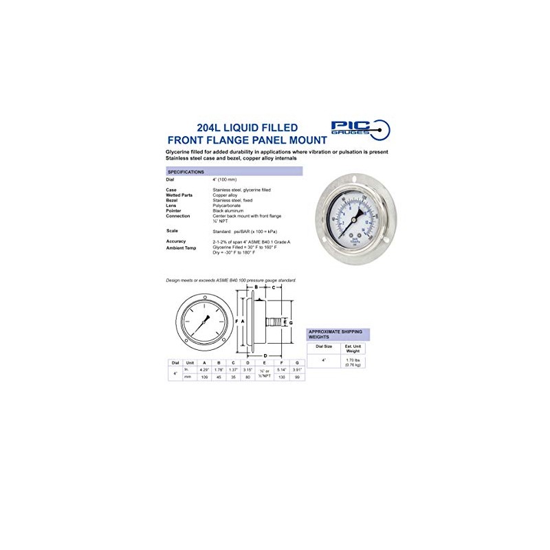 PIC Gauges 204L-404K Front Flanged Panel Mount Glycerine Filled Pressure