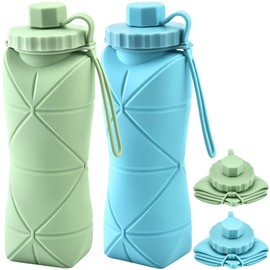 Botella de agua deportiva plegable, 2 botellas de agua blandas con válvula a prueba de fugas, Fácil de Transportar, para Fitness, Ciclismo, Running, Camping, etc. (Blue+Green)