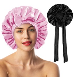 Gebrazy Pack of 2, Satin Hair Cap for Women - Double-Sided Silk Hood for Sleeping Sleep Cap Hair Protect for the Night Bonnet for Women and Girls, 1 black + 1 powdered