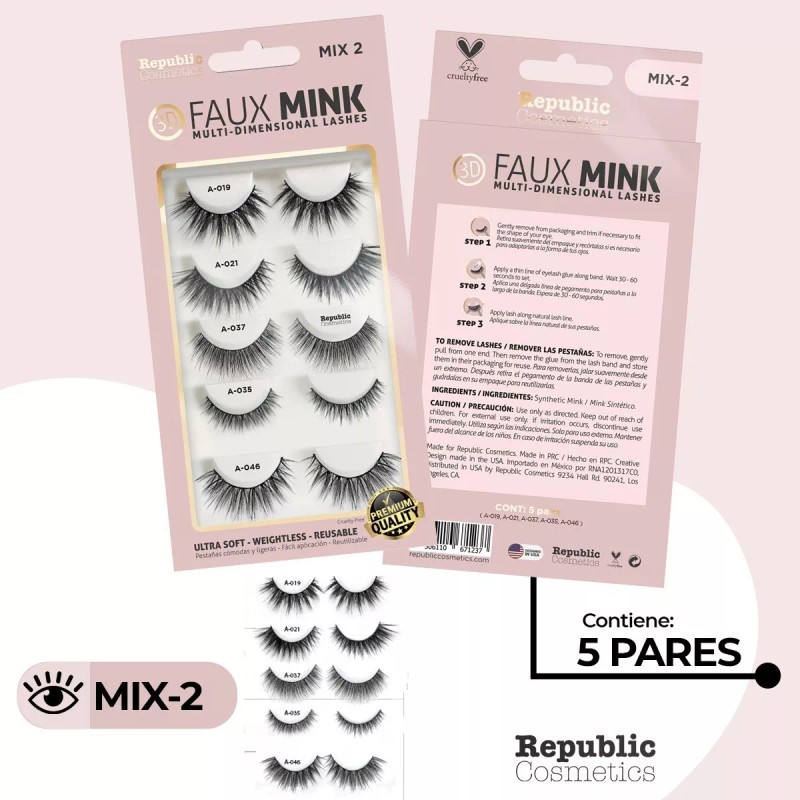Republic Cosmetics Pestañas Postizas 3d Mink Reutilizables Mix Surtido 5