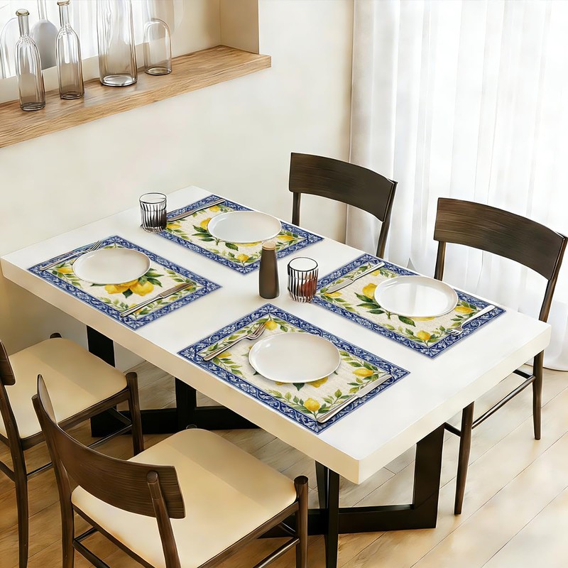 Mediterranean Lemon Placemats Set of 4, Indoor Outdoor Home Table