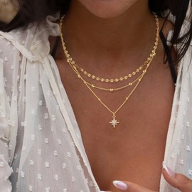 XIXINI Layered Necklaces for Women, Dainty Gold Necklace Stack 14k Gold Plated Layering Disc Star Pendant Necklace Set Simple Statement Gold Necklaces for Women Trendy Fashion Waterproof Jewelry