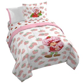 Jay Franco Strawberry Shortcake Queen Comforter Set - 7 Piece Bedding Includes Sheet Set & Pillow Covers - Super Soft Pink & White Kids Bedding