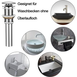 OUGOO Drain Fitting Sink without Overflow (Chrome), Pop Up Valve for Sink, Drain Valve Made of Brass, Anti Clogging Drains for Washbasin
