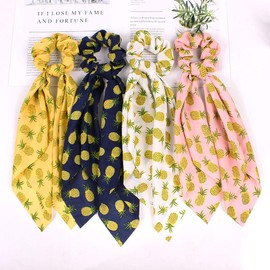 4 Pack Fruits Print Hair Scarf Scrunchies Strawberry Pineapple Hair Scarves Ponytail Holder Scrunchy Ties Chiffon Floral Scarf Scrunchies for Women (Pineapple)