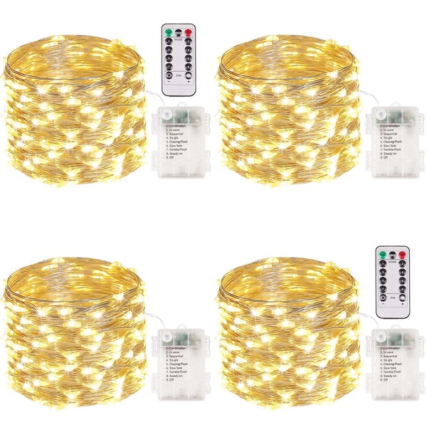 4-Pack 33FT 100 LED Fairy Lights Battery Operated with Remote & Timer, Twinkle String Lights Waterproof Outdoor Indoor 8 Modes for Bedroom Dorm DIY Christmas Party Wedding Garden Tree (Warm White)