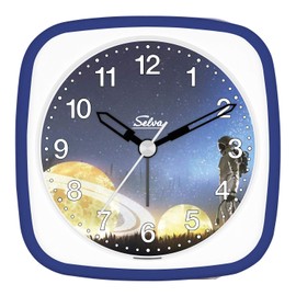 SELVA Children's Alarm Clock Starry Sky with Motifs Sweeping Second Silent Analogue for Children Colourful Dial with Light / Repeat Alarm Clock Dimensions 95 x 95 x 45 mm (Astronaut)