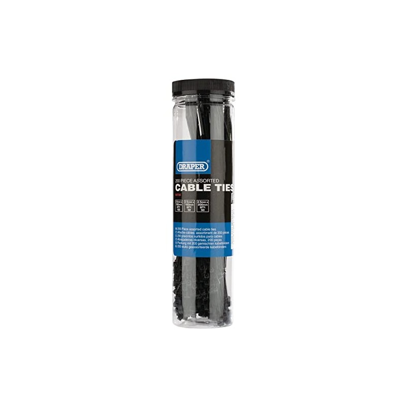 Draper 200Pc Plastic Zip Cable Ties, Black - Tools, 2.5x160mm