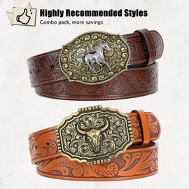 SANSTHS Western Belts for Men Women 2 Pack, Cowgirl Cowboy Belt Leather Straps with Buckle Set for Jeans, Brown Horse Bull