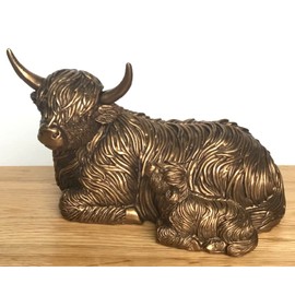 Laying Highland Cow Mother & Calf ornament figurine from the Leonardo Reflections Bronzed range