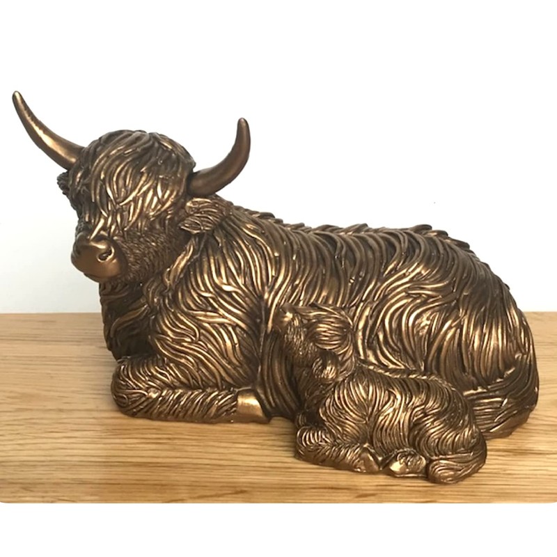 Laying Highland Cow Mother & Calf ornament figurine from the