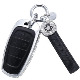 RUABIBAN for Hyundai Key Fob Cover with Keychain, Black Genuine Leather Crystal Key Case Protection Shell Compatible with 2019 2020 2021 2022 Sonata Tucsonn, 5 Buttons