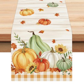 Bonhause Fall Pumpkins Table Runner 13x72 Inch Thanksgiving Autumn Leaves Sunflower Buffalo Plaid Farmhouse Kitchen Dinning Table Decoration for Indoor Outdoor Home Party Decor