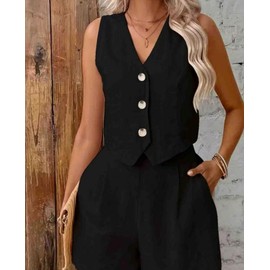 Ellunis 2 Piece Linen Sets for Women Sleeveless V Neck Vest Button Waistcoat and Pockets High Waisted Work Suit Short Sets