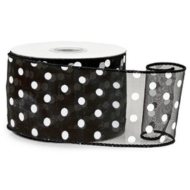 Black with White Polka Dots Sheer Wired Ribbon - 2-1/2in. X 25 Yards - 2 Spools