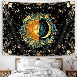 Jipusai Moon and Sun Tapestry Black Flower Plant Spiritual Mandala Tapestry for Bedroom Aesthetic Hippie Boho Floral Wall Hanging Tapestries for Bedroom Dorm Living Room Decor, 60X40IN