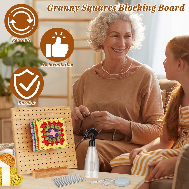 Reessy Crochet Blocking Board, Granny Square Blocking Board 7.8inch, Wooden