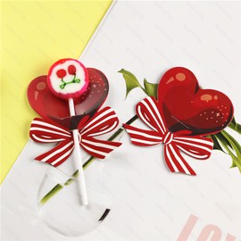 AUOCATTAIL 100 Pcs Valentine's Day Lollipop Paper Cards Red Heart Bow Lollipop Decorated Paper Cards DIY Sugar Card Candy Wrapping for Valentine's Day Anniversary Party Wedding Decorations Supplies