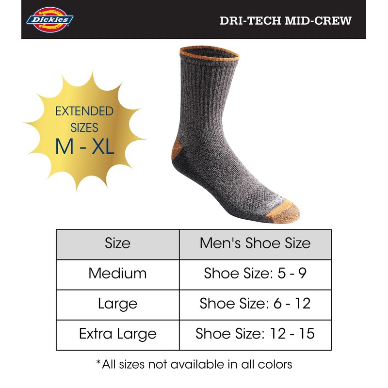 Dickies Men's Dri-tech Moisture Control 6-Pack Comfort Length Crew Socks,