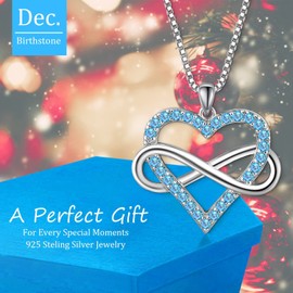 FULULAY Women's Heart Necklace, December Birthstone Infinite Pendant, 14 Gold Plated Silver Dark Aquamarine Jewelry For Mom/Wife/Gilrfriend