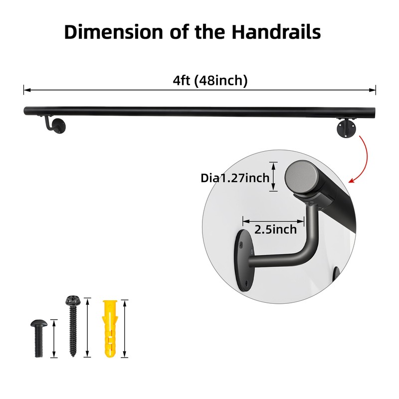 Purife 48 Inch Black Square Pipe Staircase Handrails - 4