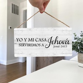 Inspirational Quotes, Wooden Hanging Sign Plaque with Rope, Rustic Wall Art Wood Box Hanging Wall Plaque Bible Verse Wooden Hanging Sign Plaque - Yo Y Mi Casa Serviremos a Jehova - Sign Decor
