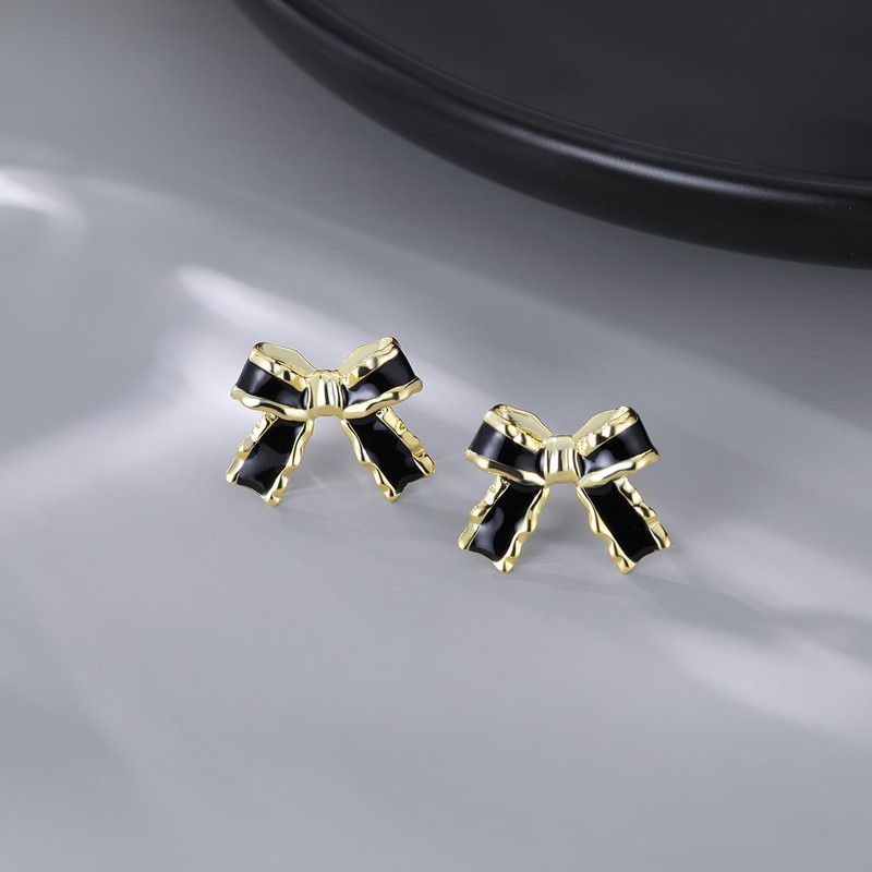 SLUYNZ Solid 925 Sterling Silver Black Bow Stud Earrings for
