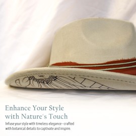 Wildflowers and Barley – Sunflower Design Hand-Burned Vegan Suede Wide Brim Cowboy Hat – Rancher Style with Artisan Chiffon Band, Adjustable Drawstring Fit, Western Boho Festival Fashion – Beige