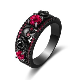 Retro Stainlless Steel Black Gold Plated Skull Ring Ring punk inlaid zircon ring (Red, 8)