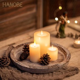 Hanobe Rustic Wooden Serving Tray Round Wood Butler Decorative Tray Whitewash Centerpiece Candle Holder Trays Farmhouse Ottoman Tray for Decor Kitchen Counter Home Decor Accessories for Coffee Table