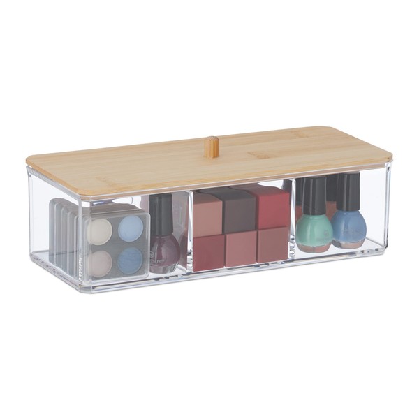 Relaxdays Make Up Organiser with Bamboo Lid, 3 Compartments, Plastic