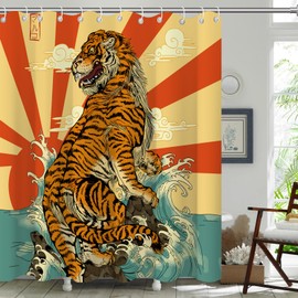 KAIRA Fierce Tiger Art Shower Curtain with Hooks, 72" W x 72" L, Waterproof and Durable Polyester Fabric, Easy to Clean, Quick-Drying Bathroom Decor