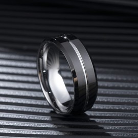 King Will Tungsten Carbide Wedding Band Ring for Men -8mm Men Rings in Black and Sliver, Grooved Center Polished Wedding Band Suitable For Every Day Wear Comfort Fit Size 8.5