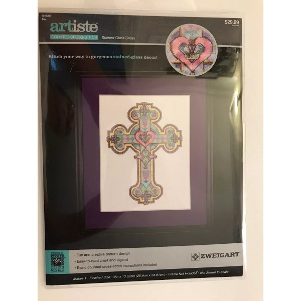 Zweigart Artiste STAINED GLASS CROSS Cross Stitch Kit - Kooler
